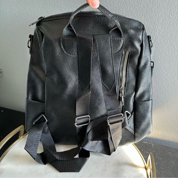 Faux Leather Black Convertible Backpack Bear Charm Work Travel Bag Overnight - Picture 8 of 11